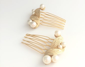 Matte Gold and Pearl Leaf Hair Combs