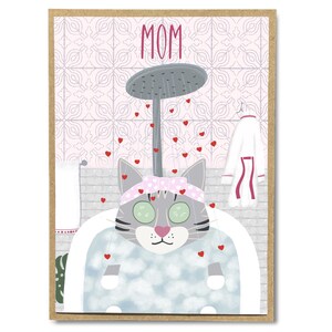 Tarjeta del Día de la Madre con Gato Mimado, linda tarjeta de felicitación para una mamá amante de los gatos que merece ser mimada, baño de burbujas, linda tarjeta para el día de la madre