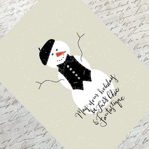 Stijlvolle sneeuwpop-wenskaart voor chique Franse baret liefhebbende fashionista of broer kerstkaart seizoensgebonden feestelijke kerst-nieuwjaarskaarten