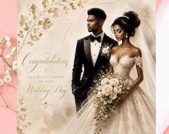 Black Couple Wedding Card: Bride & Groom Illustration, Luxury Newlywed Gift