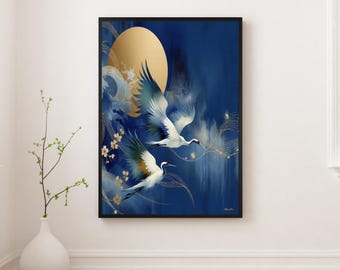 May include: A framed art print featuring two white cranes in flight against a deep blue background. A golden sun and delicate gold accents enhance the serene, nature-inspired scene. The artwork is displayed in a black frame.