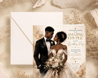 Black Couple Wedding Card: Bride & Groom Illustration, Luxury Newlywed Gift