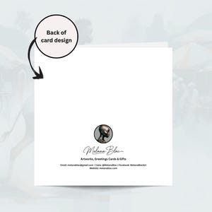 May include: White greeting card with the text "Back of card design" and a circular logo featuring a bust. The card also includes the artist's name, "Melana Blac," and contact information for artworks, greetings cards, and gifts.