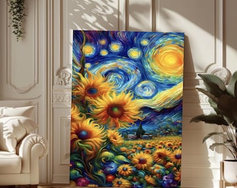 May include: A vibrant canvas print of a sunflower field under a swirling night sky, reminiscent of Van Gogh's style. The artwork features bright yellow sunflowers, a deep blue sky with stars, and a small village in the distance. The painting is displayed in a well-lit room.