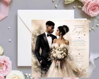 Black Couple Wedding Card: Bride & Groom Illustration, Luxury Newlywed Gift