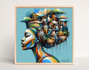 Könnte beinhalten: Ein farbenfroher Kunstdruck mit dem Profil einer Frau in einem lebendigen, mosaikartigen Design. Ihr Haar ist mit einer Dorfszene geschmückt, einschließlich Häusern, Bäumen und Figuren. Das Kunstwerk ist vor einem hellblauen Hintergrund und in Holz gerahmt.