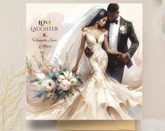 Black Couple Wedding Card: Bride & Groom Illustration, Luxury Newlywed Gift