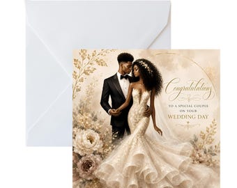 Black Couple Wedding Card: Bride & Groom Illustration, Luxury Newlywed Gift
