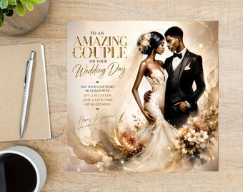Black Couple Wedding Card: Bride & Groom Illustration, Luxury Newlywed Gift