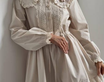 Vintage Cottagecore Prairie Dress | Handmade Modest Lace Collar Button Down Midi Dress with Long Sleeves & Ruffle Trim, Boho Cotton dress