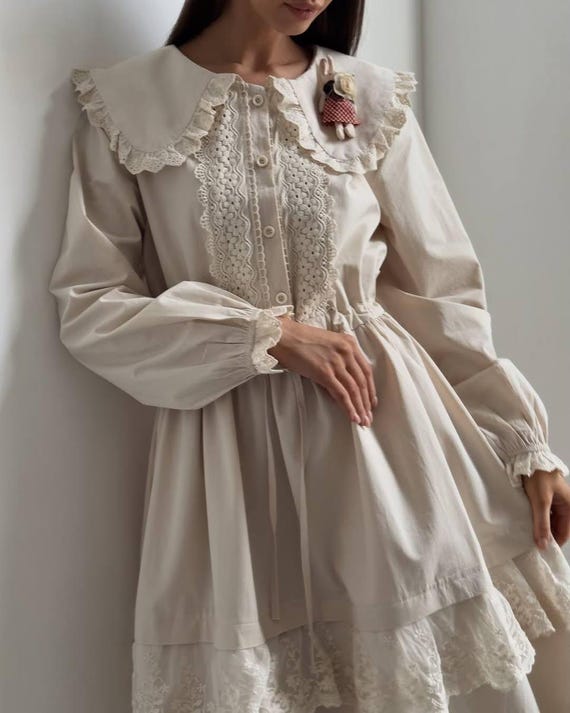 Cottagecore Cotton Prairie Dress: Ruffle Lace Collar, Long Sleeves