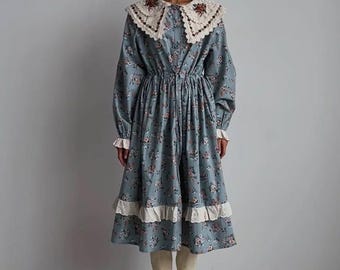 Vestido de algodão cottagecore feito à mão: gola de renda, midi prairiecore