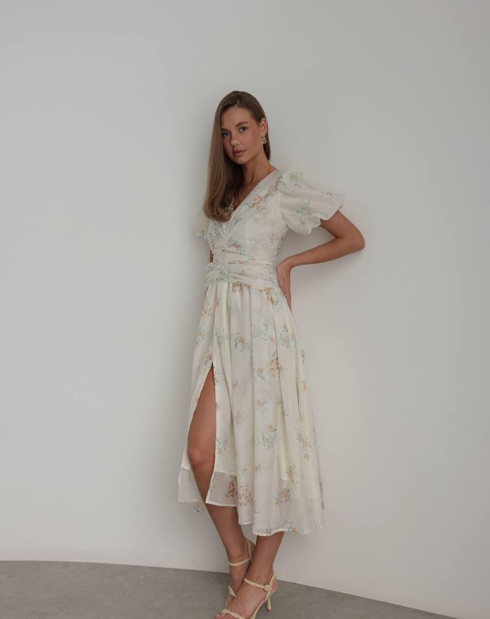 Handmade White Floral Cottagecore Dress: Boho Tea Party Sun Dress