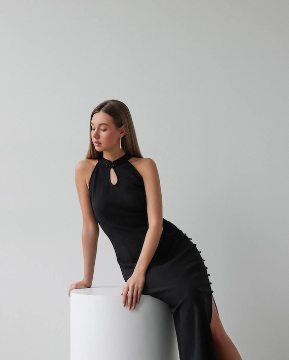 Black Sleeveless Midi Dress: Elegant Keyhole Cocktail Party Dress