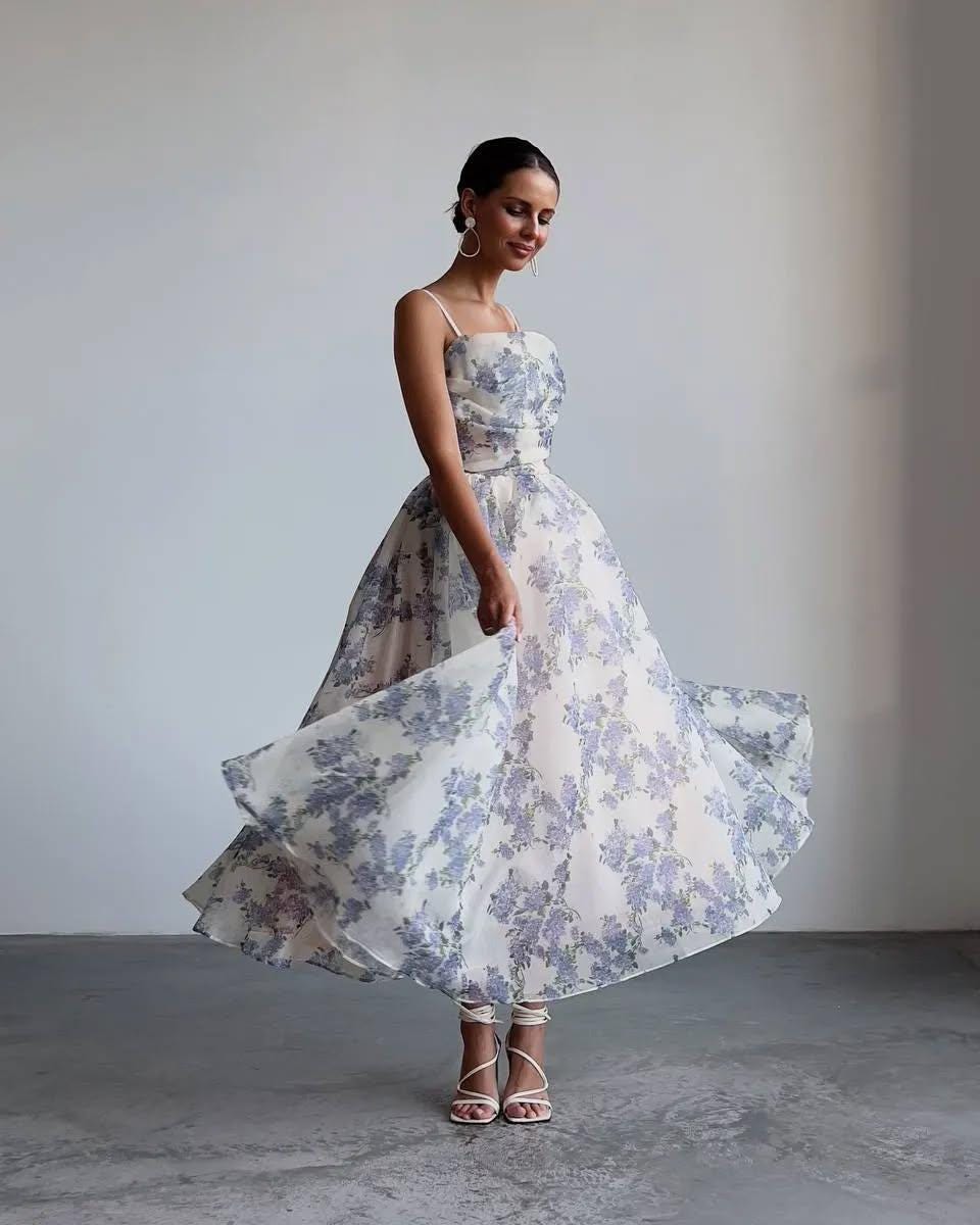 Floral Midi Dress: Flowy Backless Off-shoulder Wedding Guest Dress - Etsy  Israel