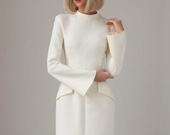 Elegant Knitted Cotton Midi Dress | Ivory Long Sleeve Women’s Dress | Wedding Guest, Party or Evening Outfit | Timeless Style
