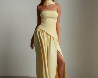 Elegant Yellow Maxi Dress: High Slit Evening Gown