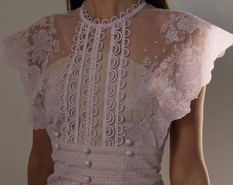 Midi Lace Wedding Dress: Sheer Bridal Gown, Garden Party Look