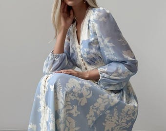 Blue Midi Dress: Lace Trim Cottagecore Wedding Guest Dress