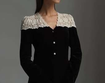 Black Velvet Lace Collar Dress: Vintage Gothic Midi Gown