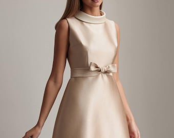 Champagne Formal Mini Dress Wedding Guest Dress Bridesmaid Dress Cocktail Party Dress Timeless Sleeveless Bow Dress Holiday Evening Outfit