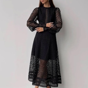 Elegant Black Midi Dress | Women’s Long Sleeve Cocktail Dress | Modest Boho Formal Summer Dress | Classy Romantic Party Outfit