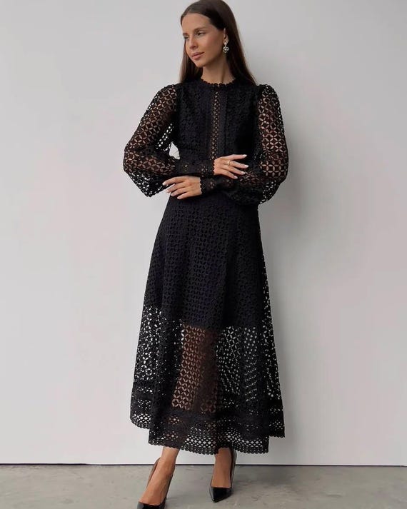 black lace midi dress long sleeve Suncoo main image 0