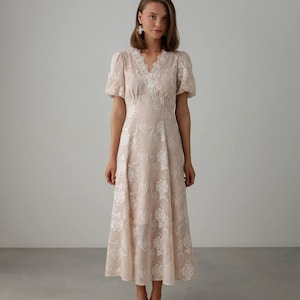 Embroidered Lace Midi Dress, Cottagecore V-Neck Puff Sleeve Boho Prairie Dress, Vintage Inspired Modest Summer Women Dress