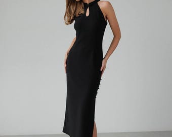 Black Sleeveless Midi Dress: Elegant Keyhole Cocktail Party Dress