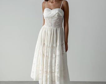 White Lace Midi Dress – Elegant Sheer Women’s Dress for Summer, Graduation, Bridesmaid, Reception, Formal or Transparent Evening Look