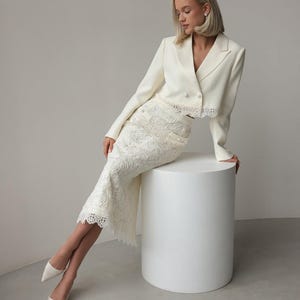 Women&#39;s White Suit Set | Lace Skirt & Blazer | Bridal Suit | Wedding Guest Outfit | Women&#39;s Suit Set | Skirt Suit | Suit for Bride