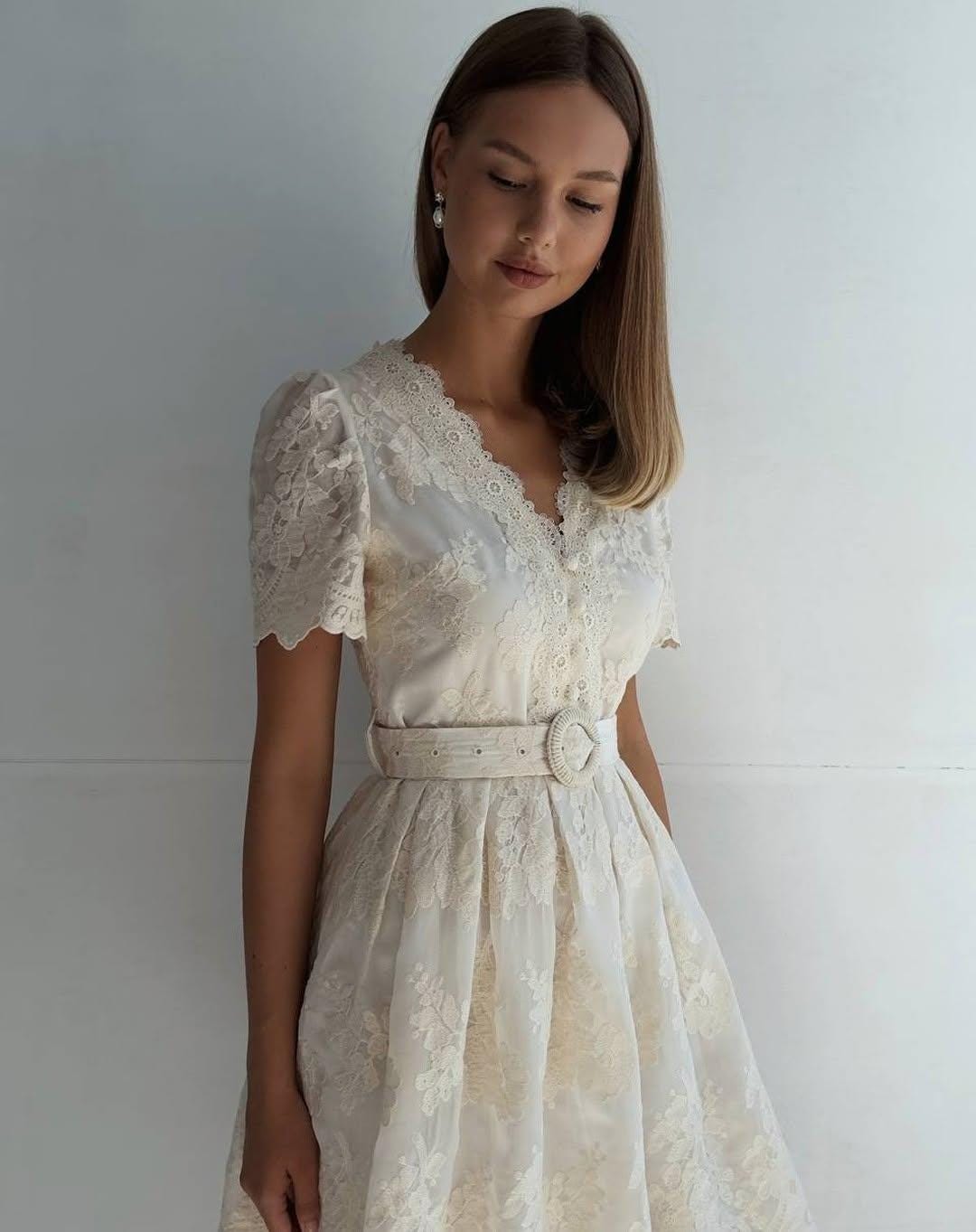 Cream Lace Wrap Dress – Sheer Short Summer Dress for Women | Elegant Cocktail, Party, Bridesmaid or Evening Look | Romantic Lace Style