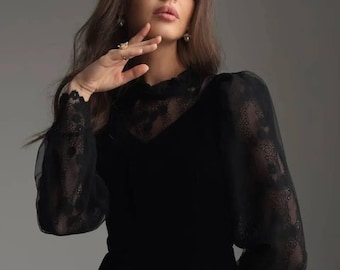 Black Velvet Midi Dress: Lace Detail, Formal Occasion