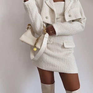 White Tweed Dress Suit for Women – Bouclé Jacket and Dress Set – Elegant Cocktail Party Outfit – Secretary Style Dress Suit, Two-Piece Set