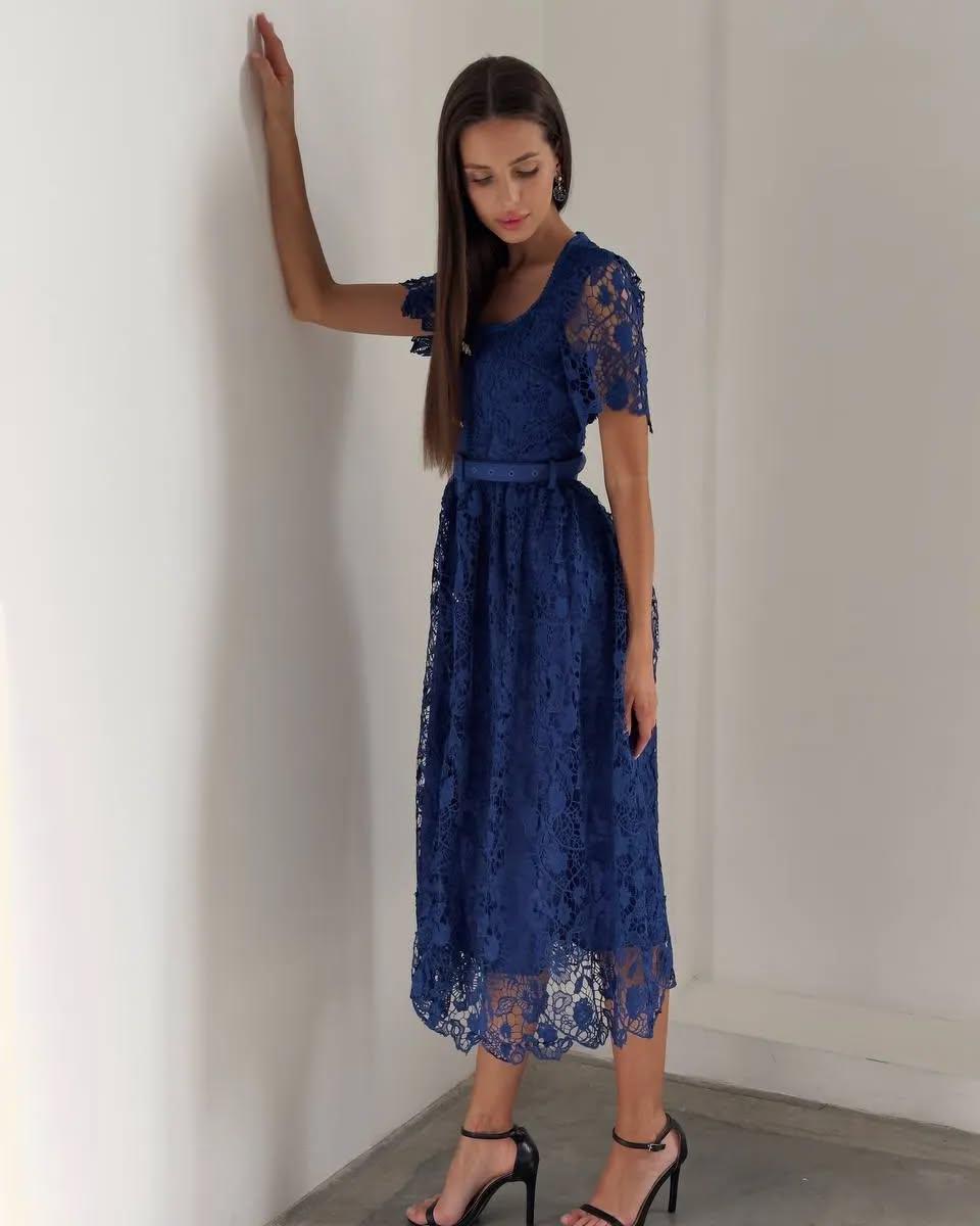 Blue Lace Midi Dress: Wedding Guest Dress, Garden Party Dress Blue Lace Midi Dress: Wedding Guest Dress, Garden Party Dress