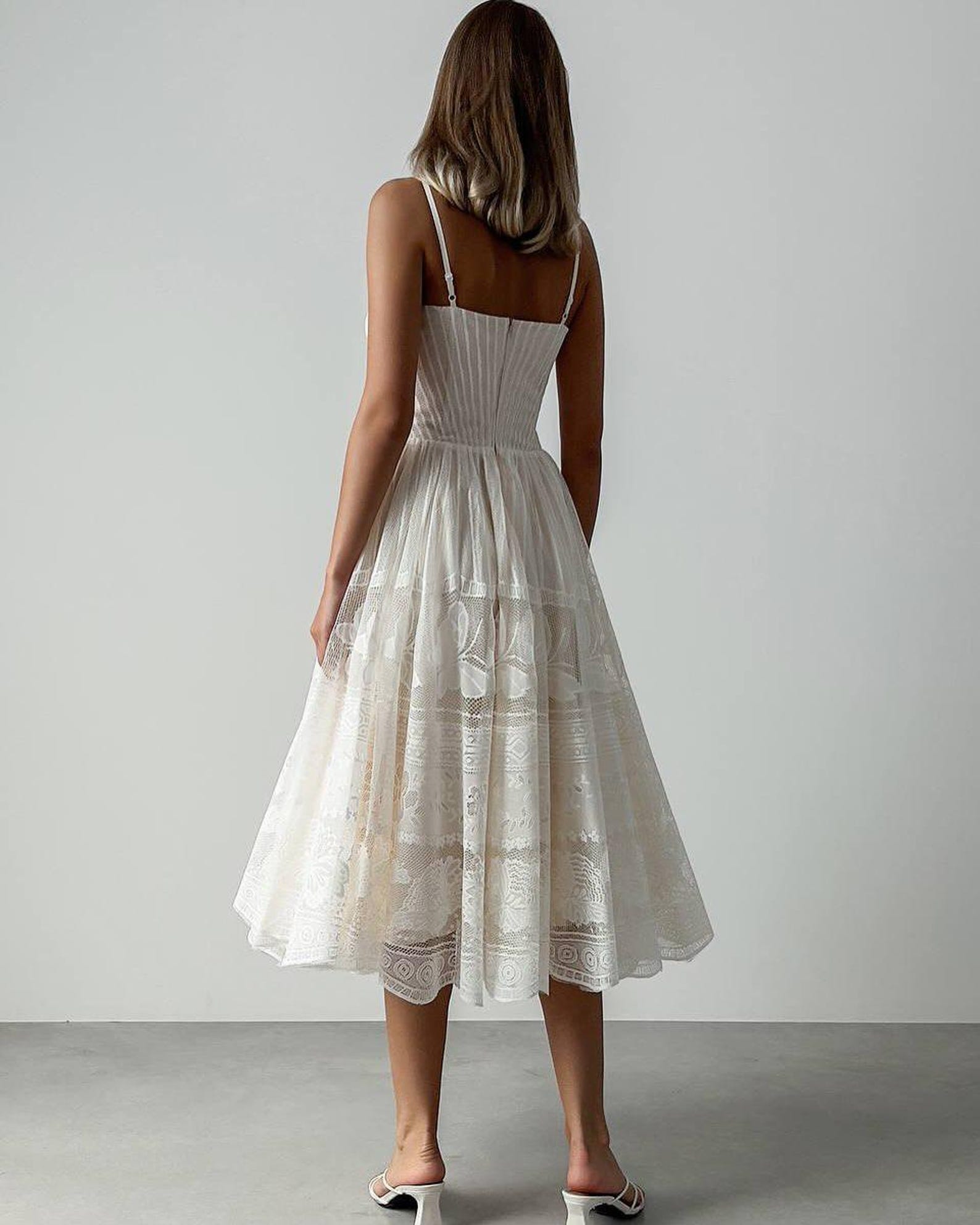 1210443 Off-White Transparent Lace Midi Dress