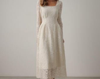 Lace Midi Dress, Wedding Guest Dress, Cream Mother of the Bride Dress, Garden Party Look, Romantic Lace Style