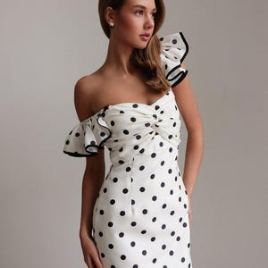 Polka Dot Midi Dress Women – White Ruffle Sleeve Summer Sundress, Romantic Modest Cocktail Party Dress, Elegant Retro Style
