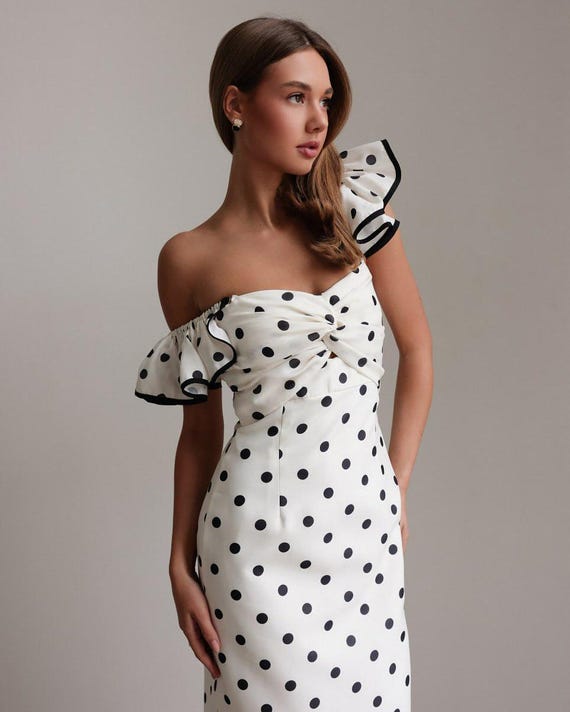 Polka Dot Midi Dress: Ruffle Sleeve Retro Style Dress