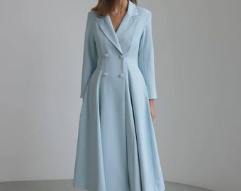 Light Blue Coat Dress | Handmade Double Breasted Midi Dress with Long Sleeves | Formal Tailored Women’s Dress