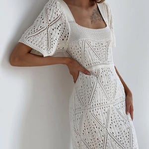 Women Knitted Cotton Dress, White Crochet Women’s Dress, Designer Summer Dress, Casual Modest Dress