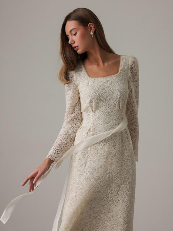 knee length dresses for ladies Mock neck midi dress cream | Trendy Dresses main image 1