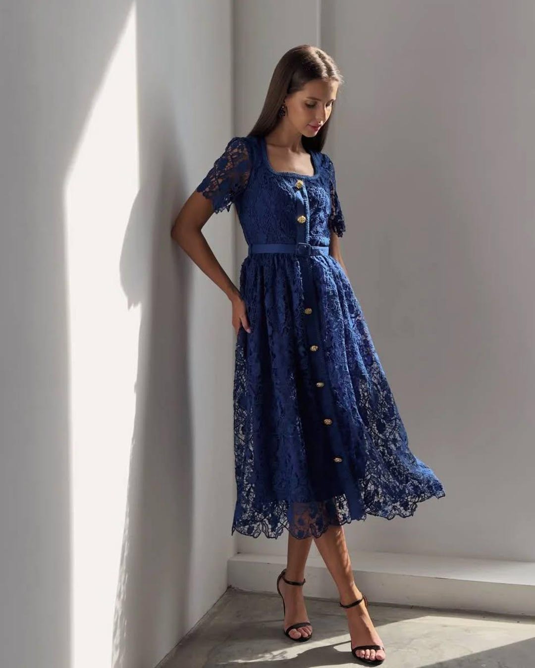 Blue Lace Midi Dress: Wedding Guest Dress, Garden Party Dress Blue Lace Midi Dress: Wedding Guest Dress, Garden Party Dress