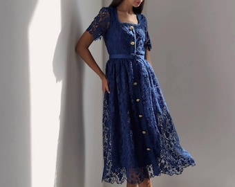 Blue Lace Midi Dress: Wedding Guest Dress, Garden Party Dress