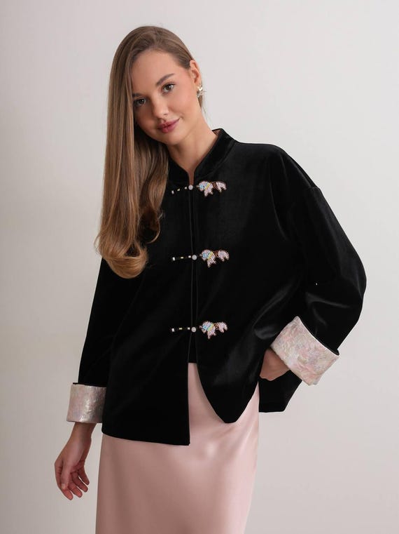 Minimal Velvet Top | Elegant Black Evening Coat | Modern Oriental Outerwear