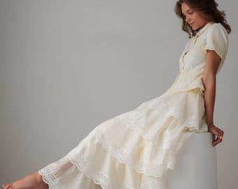 Lace Trim Cotton Suit: Beige Embroidered Blouse & Tencel Maxi Skirt