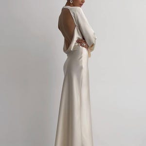 Ivory Satin Maxi Dress: Open Back Long Sleeve Bridal Gown