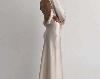 Satin Maxi Dress: Open Back Long Sleeve Bridal Gown