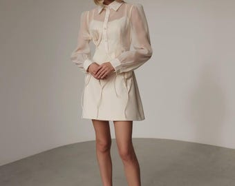 Shirt Dress Mini Cocktail Dress  Sheer Sleeve Spring Dress Wedding Guest Outfit