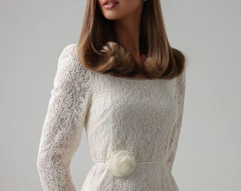 White Cotton Lace Midi Dress, Embroidered Sequin, Square Neck, Ruffle Cuffs, Belted